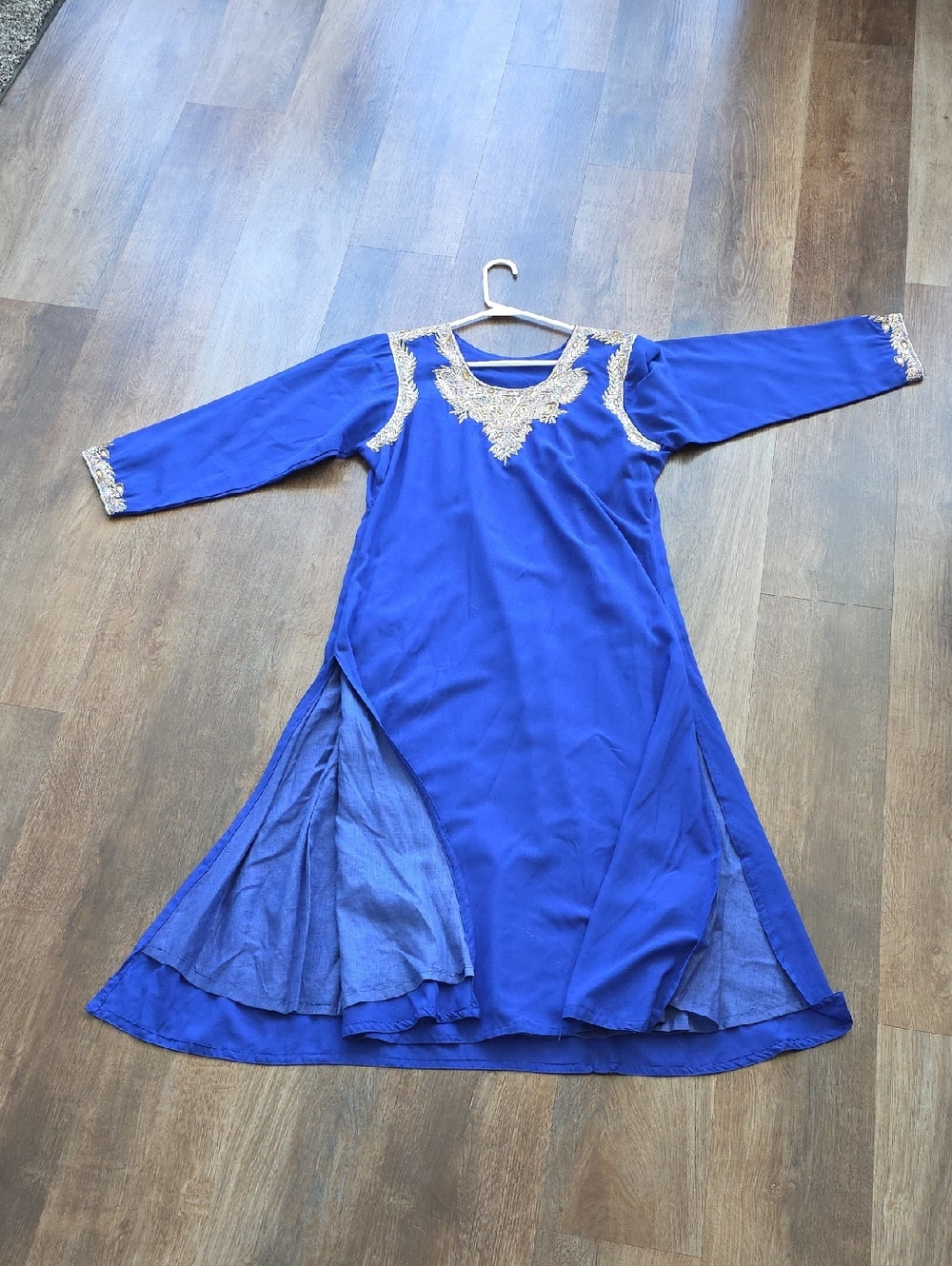 Vintage Royal Blue Kaftan Maxi Dress with Gold Embroidery